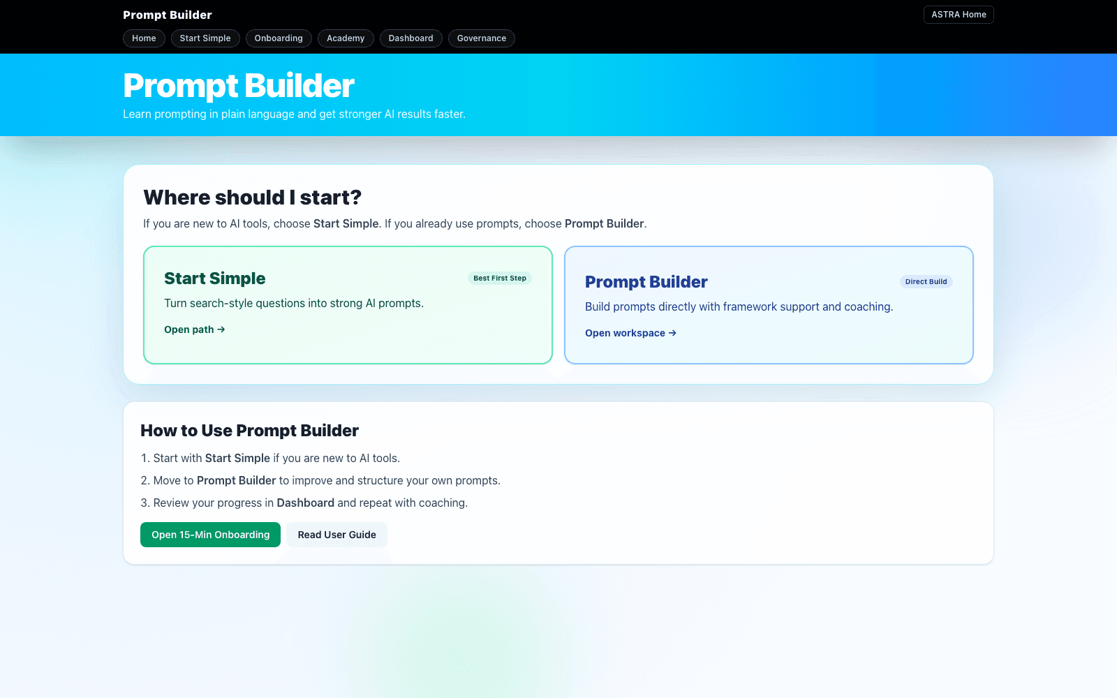 Prompt Builder's start screen offering Start Simple and Prompt Builder workspaces