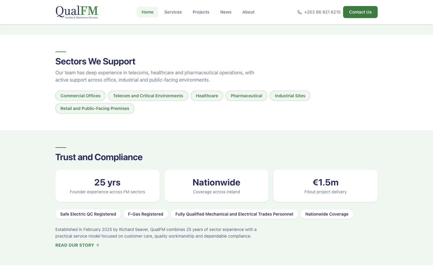 qualfm.ie sectors and trust section — 25 years founder experience, nationwide coverage, EUR 1.5m fitout delivery, compliance registrations