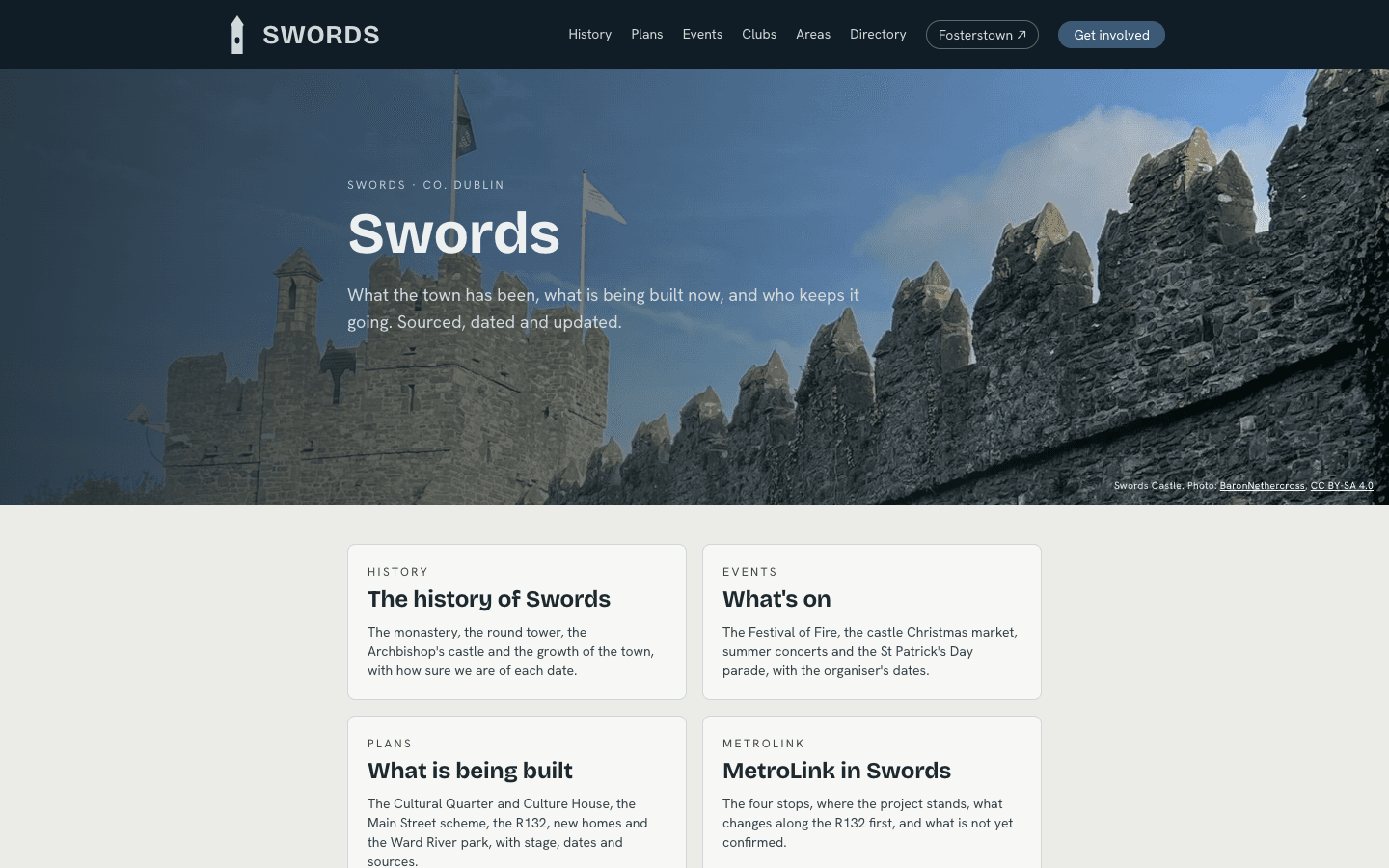 The Swords Village home page — a navy header with a round-tower mark, a photograph of Swords Castle's wall and tower under the heading "Swords", above cards for history, events, plans and MetroLink