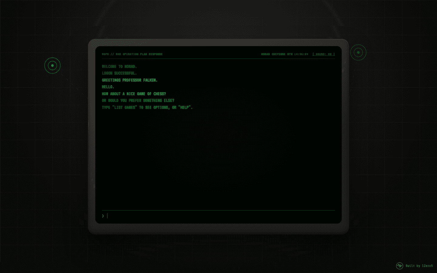 WOPR Terminal — a green-phosphor CRT monitor showing WOPR's boot sequence, "GREETINGS PROFESSOR FALKEN," on a dark tactical-grid backdrop