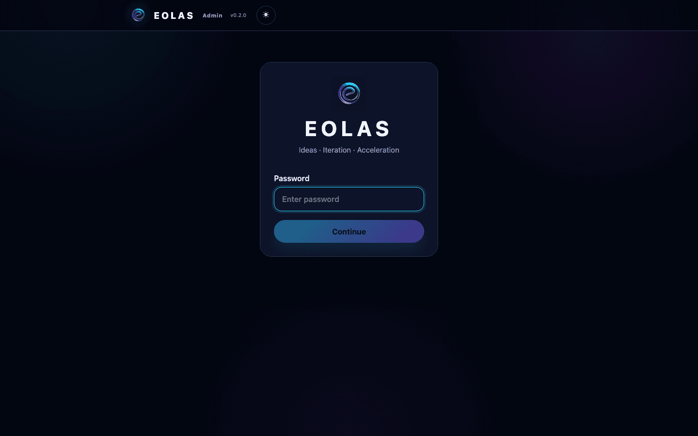Eolas's password-gated entry screen — "Ideas · Iteration · Acceleration"