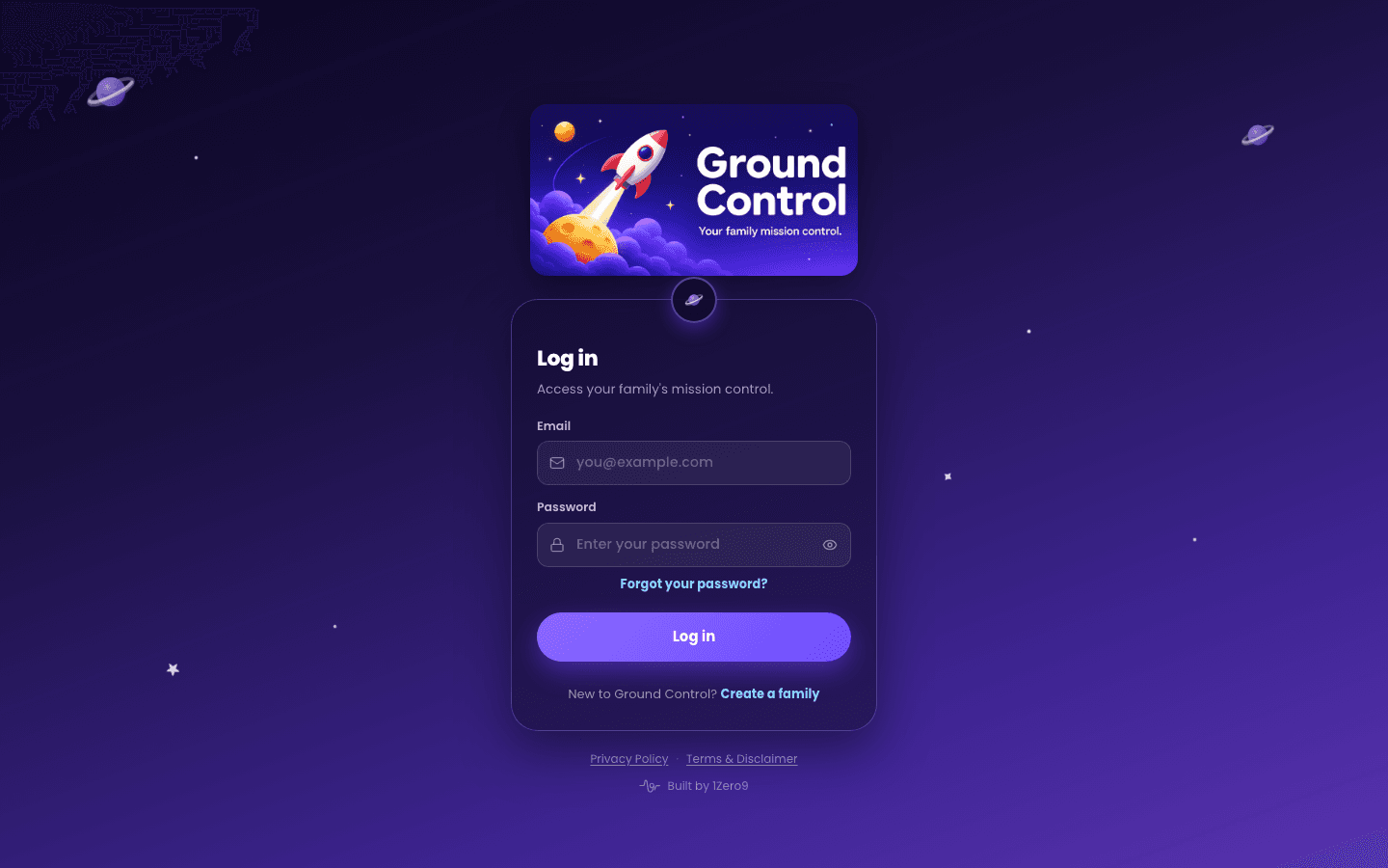 Ground Control's login screen — "Your family mission control"