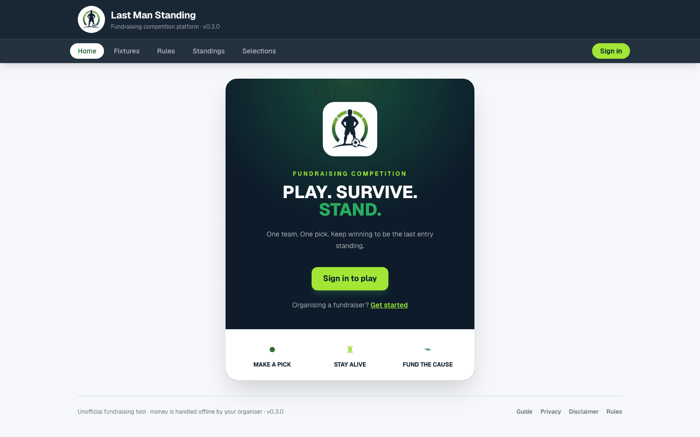 Last Man Standing's landing page — "Play. Survive. Stand." with a sign-in-to-play call to action