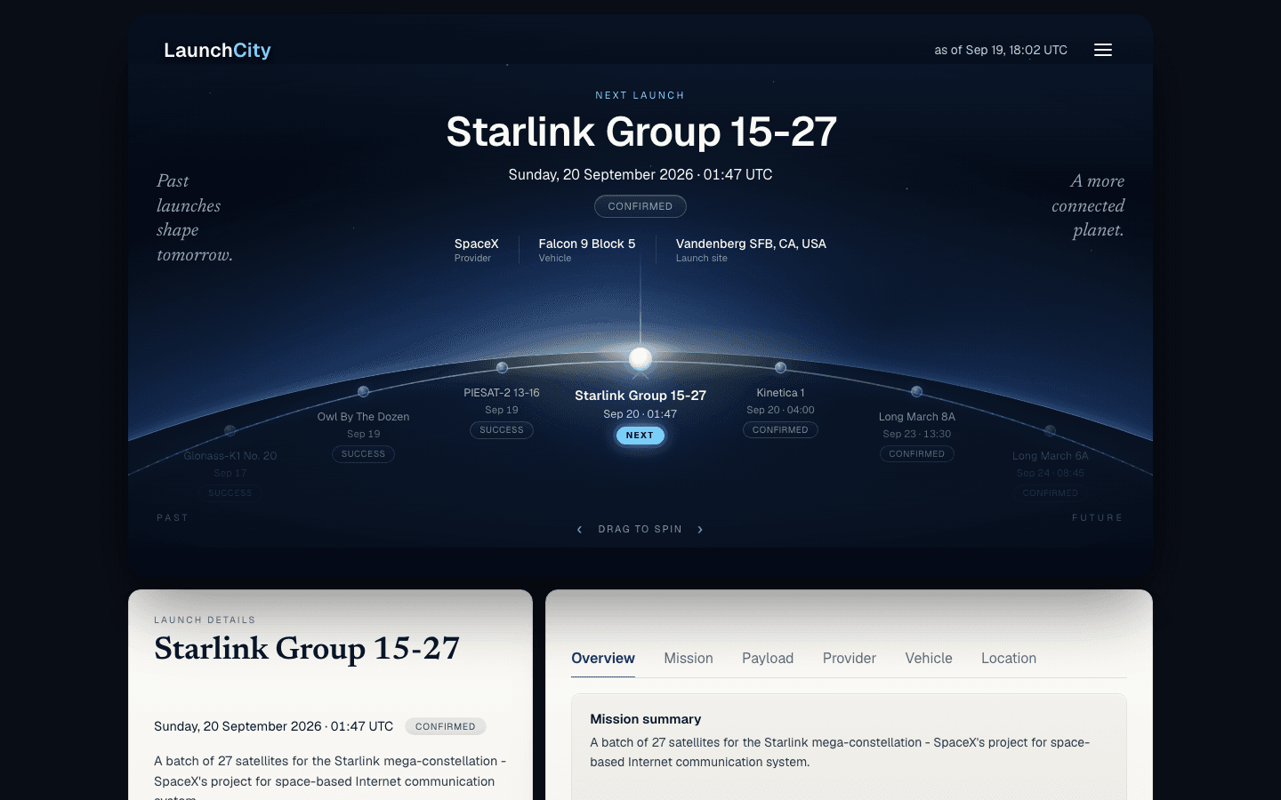 LaunchCity's home page, showing the next confirmed launch — Starlink Group 15-27 on a Falcon 9 from Vandenberg — on an orbital timeline of past and upcoming launches