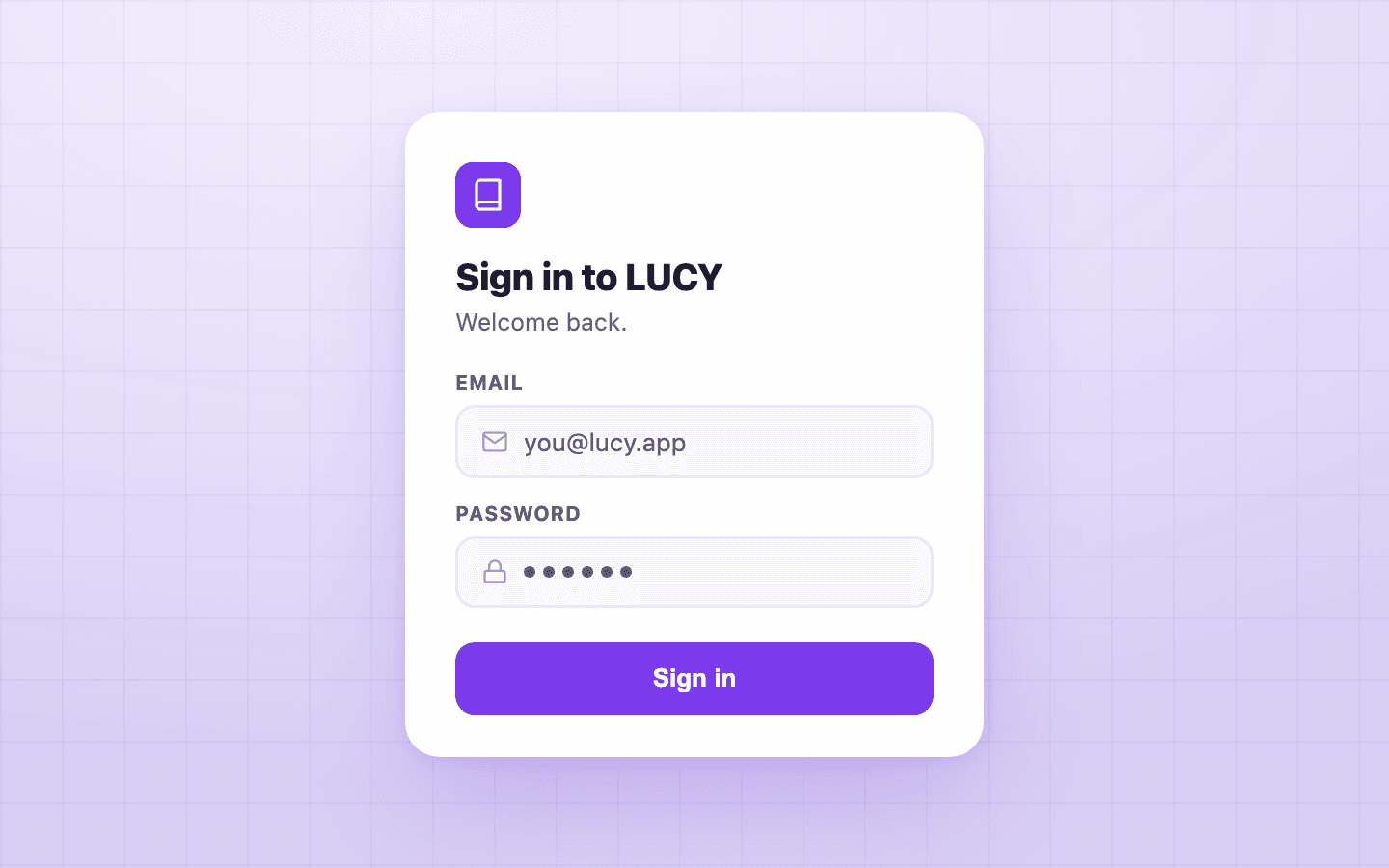 Lucy's sign-in screen — email and password, "Welcome back."