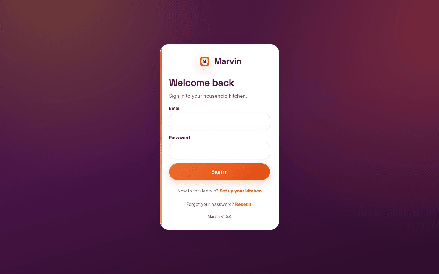 Marvin's sign-in screen — "Sign in to your household kitchen"