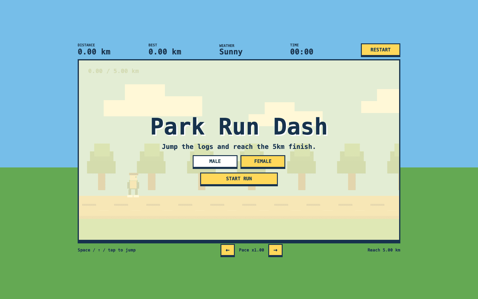 Park Run Dash title screen — pixel-art runner on a park path, "Jump the logs and reach the 5km finish"