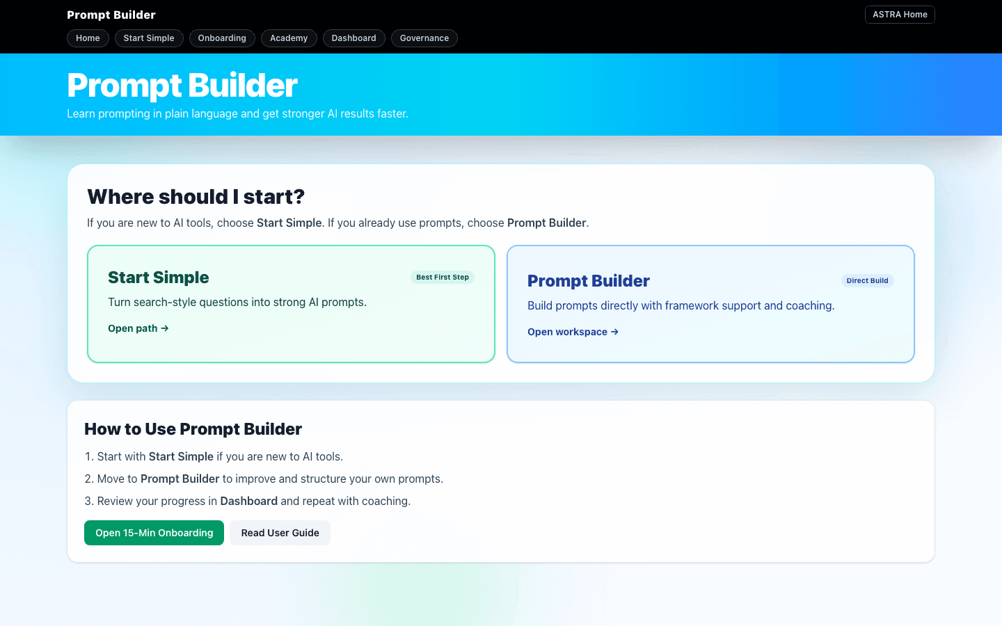 Prompt Builder navigation showing Start Simple, Onboarding, Academy, Dashboard, and Governance tools
