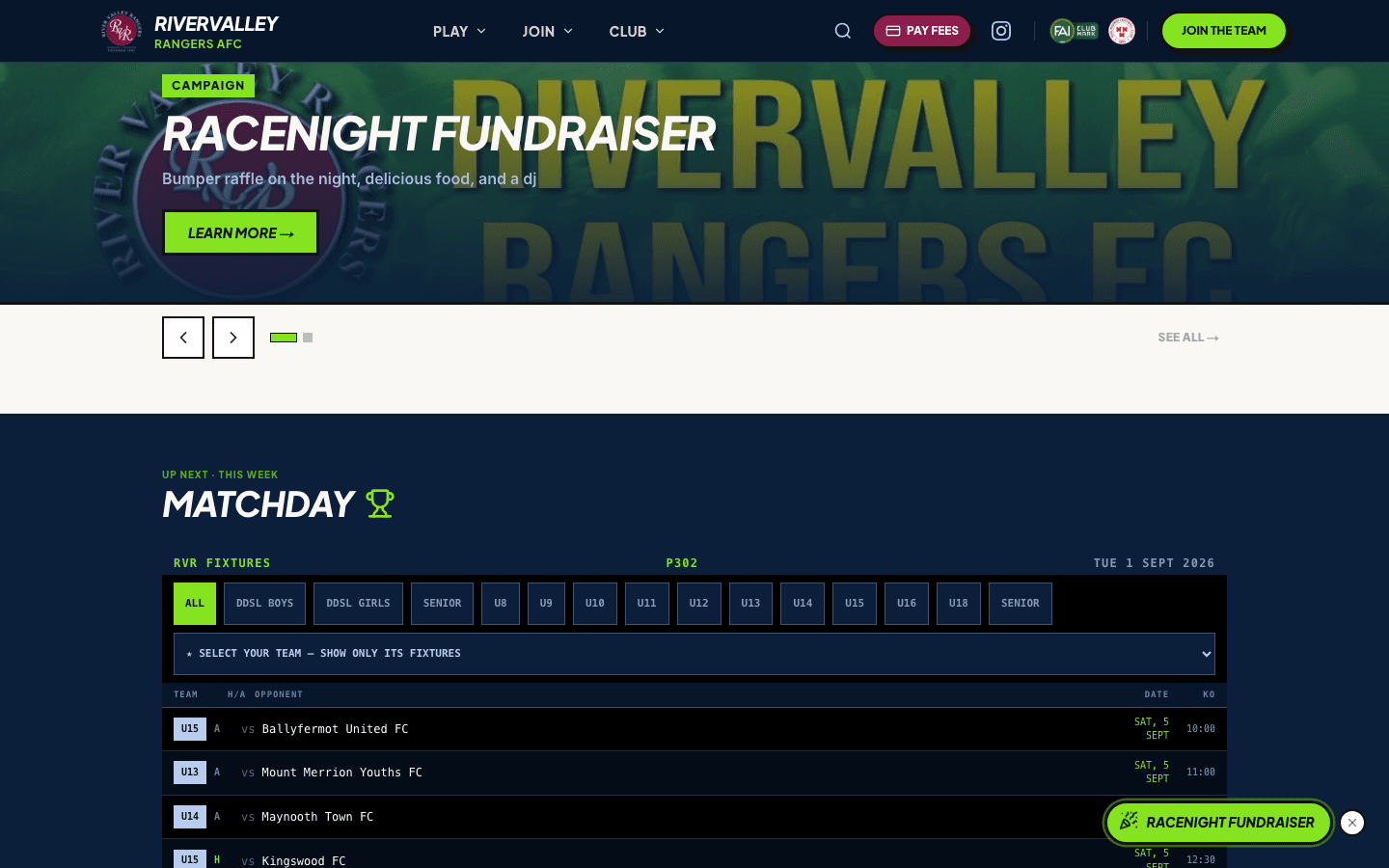 rivervalleyrangers.ie live matchday fixtures list with team filters, a running fundraiser campaign banner, and online fee payment in the header