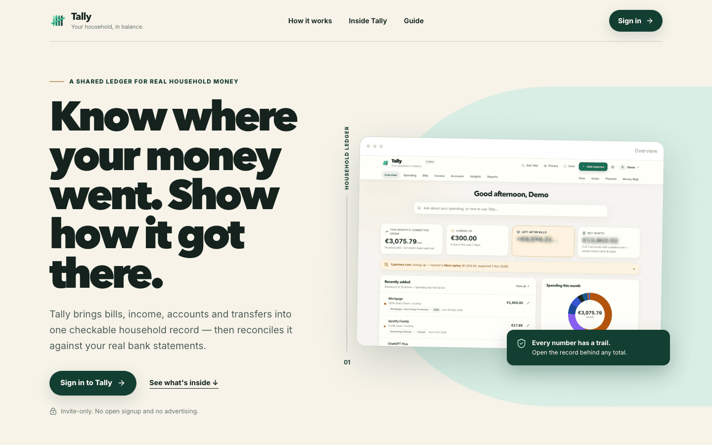 Tally's overview screen — this month's committed spend, upcoming bills, net worth, and a spending breakdown, on a real household record