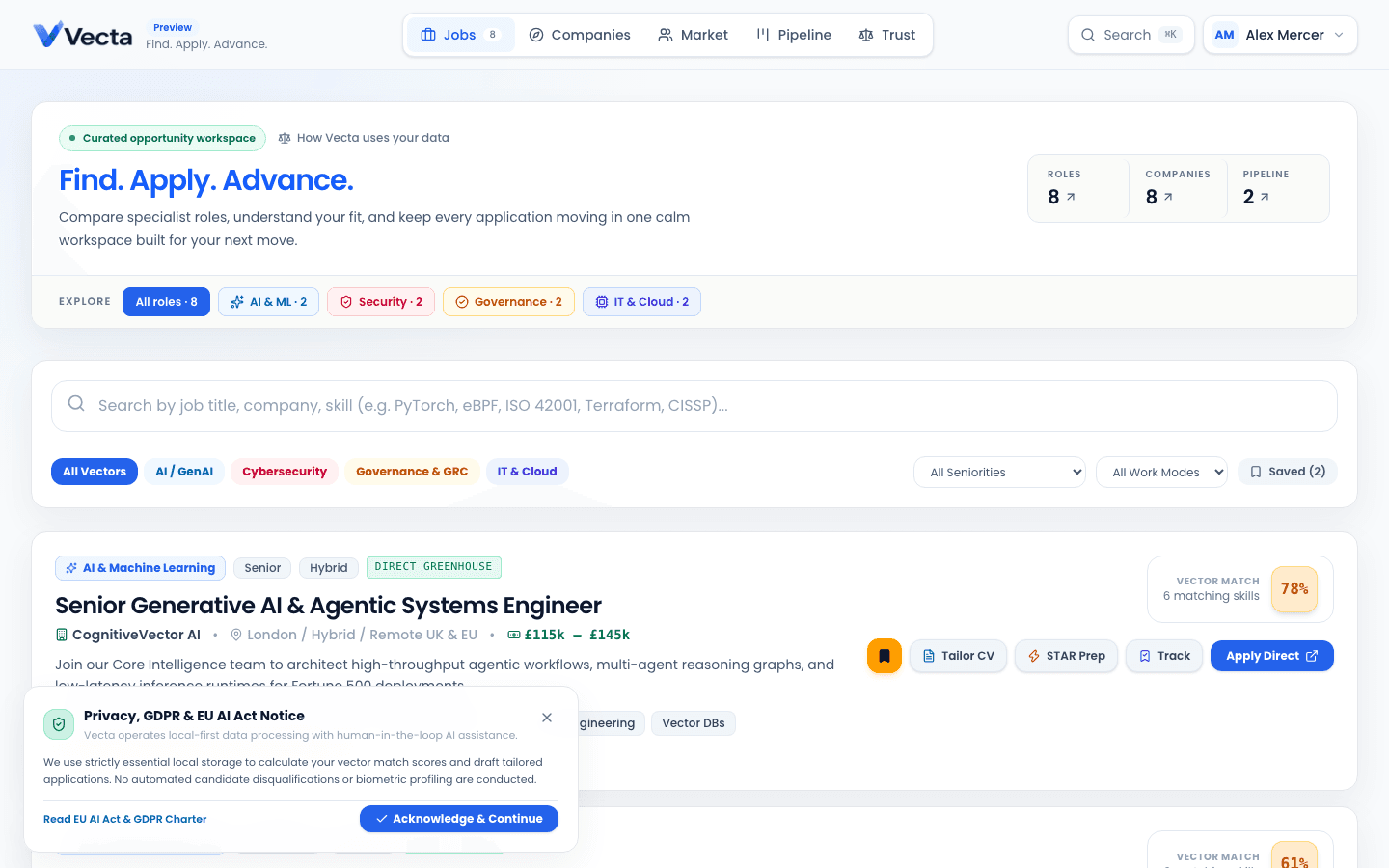 Vecta's job board showing curated AI, security, and governance roles with vector-fit match scores